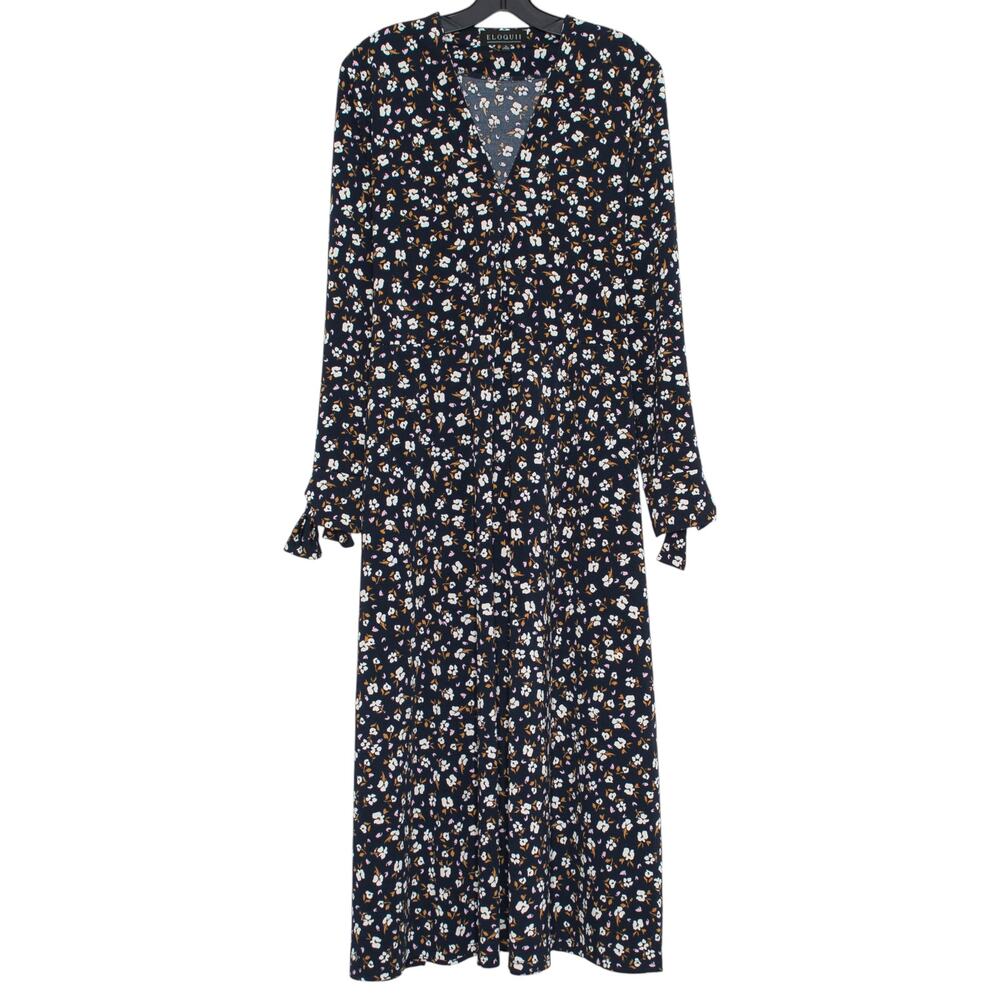Eloquii Floral Maxi Dress Stretch Slinky Long Sleeve Boho Cottagecore Black 16
